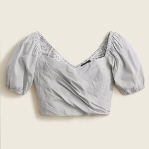 [J. Crew] Blue Striped Organic Cotton Puff Sleeve Cropped Smocked Back Top Sz XL